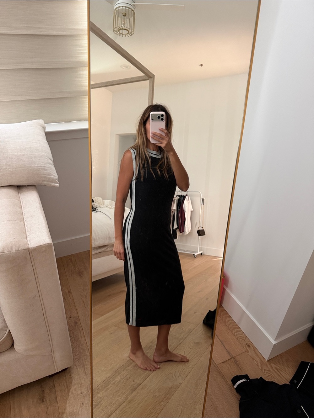 Sleeveless Black Knit Midi Dress with Grey Side Stripes